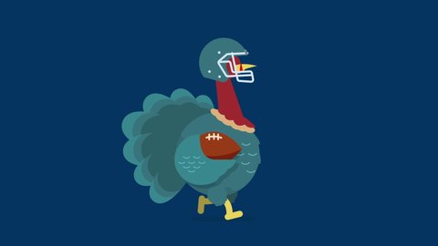 Turkey bird character wearing a football uniform and carrying a football while pecking forward. Thanksgiving 4k looping animation with alpha channel