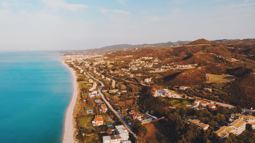 Aerial drone view Sea ,Chalkidiki Chaniotis Beach in Greece