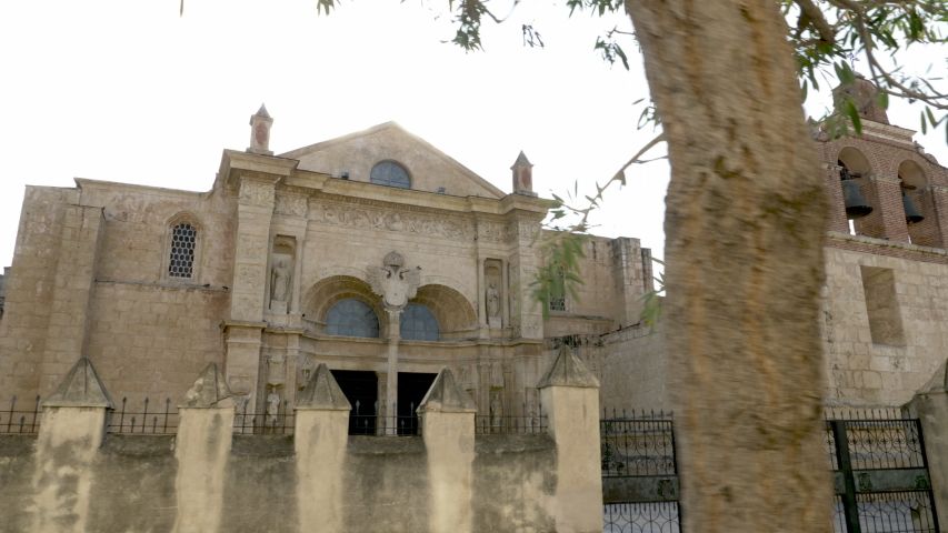 Camera pans across the entrance of the Cathedral of Santa María la Menor in the Colonial Zone of Santo Domingo