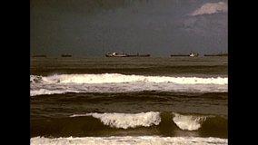 panorama of Durban Beach boats. Historical seascape of Durban city of the 1980s in South Africa.