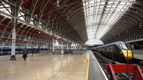 Gatwick Airport Express Trains At Platfrom of Paddington Railway Station in London, UK - June 2019