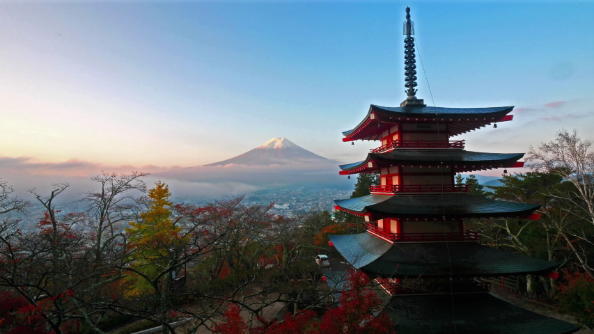 Stunning time lapse of Mount Fuji in the background of a pagoda in Tokyo, Japan. | Shutterstock HD Video #1032940244