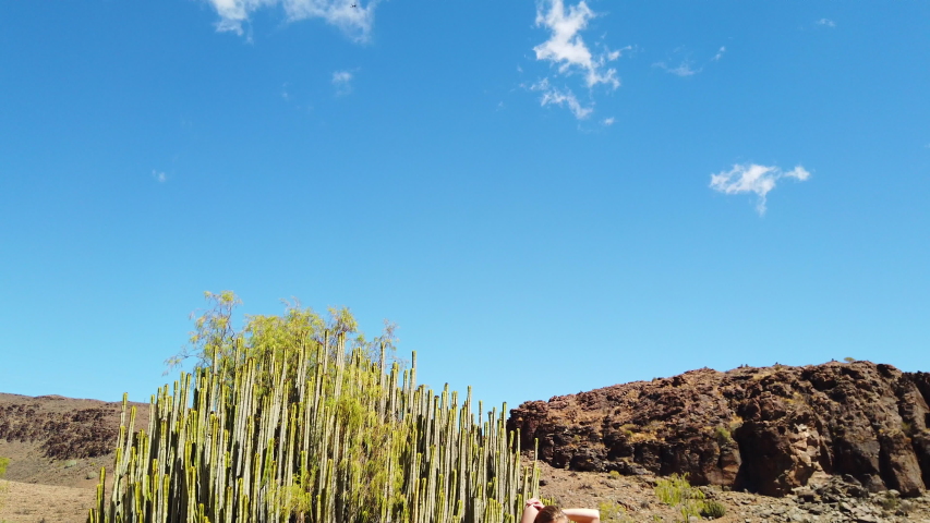 Panning shot from above revealing a beautiful blonde model in gym clothes while under the heat of the sun, cactus and huge rocks in the background.