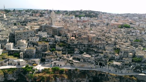 Aerial view of ancient town of Matera (Sassi di Matera) in sunny day, Basilicata, southern Italy
