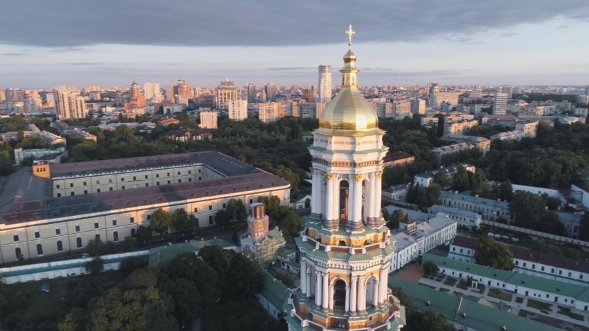 Aerial view. Kiev Pechersk Lavra, Orthodoxy church, monastery and museum. Sunrise. 4K