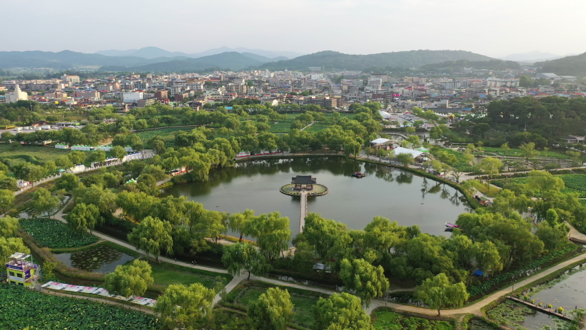 Aerial view of Gungnamji Pond ,Korea Historic Place 135 and First artificial pond in Korea which was created by King Mu from the Baekje Dynasty