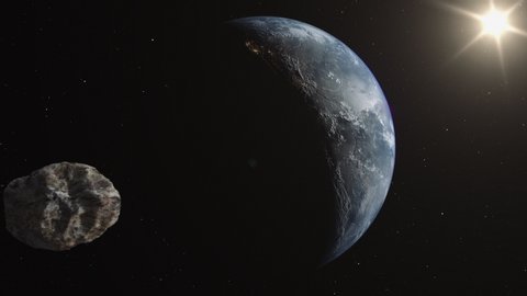 Attack of the asteroid on the Earth . 3d Visulisation of earth planet, sun and asteroid. Images from NASA
