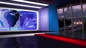 Blue colored rotating globe in background window for News best TV Program seamless loopable HD Video

