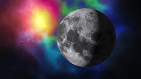Moon rotates around its axis and approaching away in the colored galaxy. Earth's natural satellite - animation motion. Video contains: Moon, Luna, Milky Way, Space, Planet, Galaxy, Stars, Cosmos. 4k