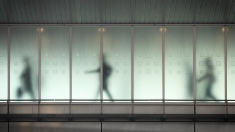 The silhouettes of people walking behind frosted glass in a train station in Tokyo. This video loops seamlessly. Video Stok