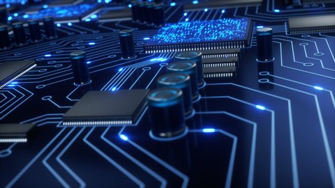 CPUs and other processors shoot bright blue electrons around a circuit board as the camera pans around the motherboard with a shallow depth of field. 4K animation
