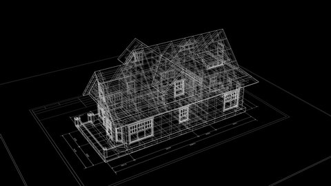 Construction Process of 3d Cottage Blueprint on Black Background Plan. 3d Animation of Abstract House Building. Construction Business Concept. Last Turn is Loop-able. 4k Ultra HD 3840x2160.