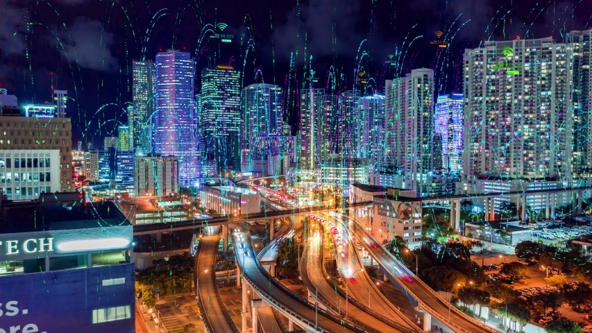Aerial view of Futuristic network and technology City connected Big data cloud computing internet of things, 5G City technology conceptual futuristic look. Night City Hyperlapse, 4K | Shutterstock HD Video #1032988940