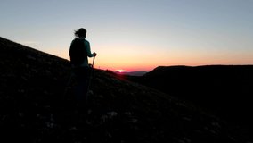 Hiking Girl SIlhouette Aerial. Hiker Walking Summer Sunset Beautiful Mountains. Hiking Walking Slow Motion Recreation Activity. Holiday Vacation Tourism, Hiking Woman Silhouette