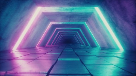 Flying in futuristic tunnel with fluorescent ultraviolet lights. Sci-fi interior corridor. Modern neon blue purple light spectrum. 3D render seamless loop animation 4k UHD