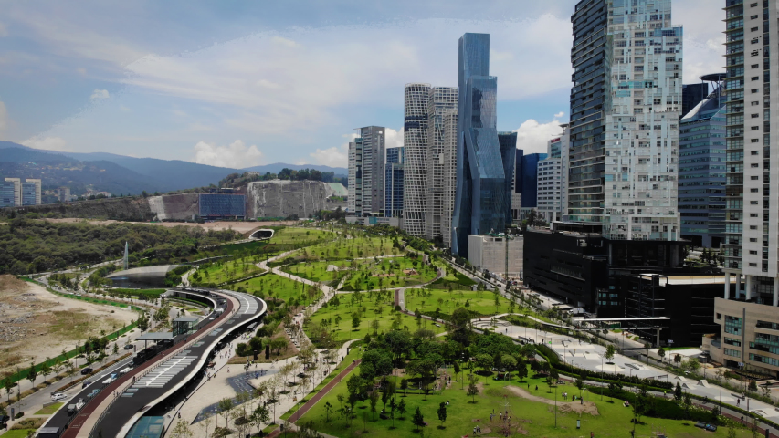 Aerial shots of the park called La Mexicana in the corporate district of Mexico City