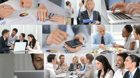Business concept. Composition of various video clips representing the life business. Theme business. Businesspeople working in modern office. Businesswoman and businessman working together.