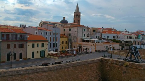 Drone Shot flying over Alghero City in Italy Sardinia
