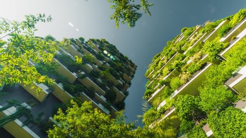 Ecological skyscrapers, vertical forest (Bosco Verticale), Milan, Italy. They are self-sufficient by using renewable energy from solar panels and waste water, timelapse
