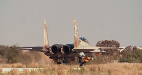 Hezerim, Israel. June 14th 2019. Israeli Air Force F15 fighters taxiing on the runway before takeoff