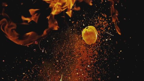 Exotic Spices in Flames Flying up and Falling down in Slow Motion