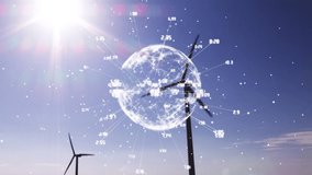 Digital composite of a pair windmills rotating with the wind on a bright sunny day. In the middle of the foreground is a globe with number labels - Powered by Shutterstock - Get 15% off with code: PIKWIZARD15