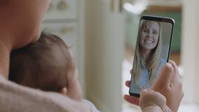 happy mother and baby having video chat with best friend using smartphone waving at toddler mom enjoying sharing motherhood lifestyle on mobile phone