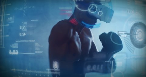 Slow motion shot of a professional young muscular shirtless african man is wearing futuristic vr glasses with latest innovative technology augmented reality holograms to practice shadow boxing.