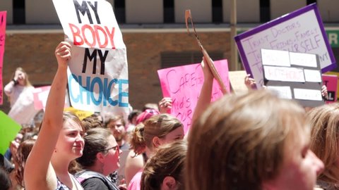 St. Louis, Missouri / United States - 05-30-2019: Pro Choice march and rally in downtown St. Louis right after conservative Governor Parsons rolled back women's healthcare, safety, and options.