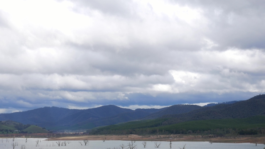 Clouds rolling over hills near Lake Eildon, near Mansfield, Victoria, June 2019.