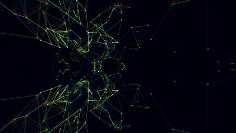 Futuristic wireframe polygonal structure with glitch art warp, pixelated and distortion effects. Network connections concept