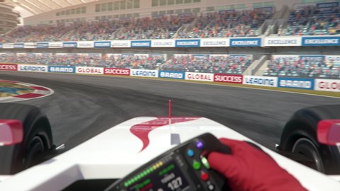 POV shot of a generic formula one race car driving along the race track - center view - realistic high quality 3d animation
