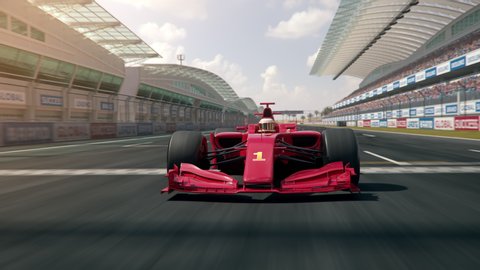 Generic formula one race car driving along the homestretch over the finish line - dynamic front view camera - realistic high quality 3d animation