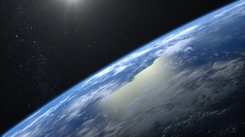 Earth from space. The camera flies away from the Earth. The horizon is turned to the left. Stars twinkle. 4K. Realistic atmosphere. 3D Volumetric clouds. No sun in the frame.