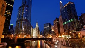 Time lapse of downtown waterfront at night, Chicago, Illinois, United States