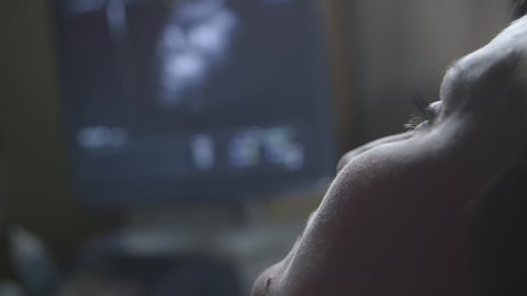 Pregnant Caucasian woman watching ultrasound