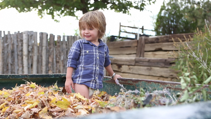 Caucasian boy standing in leaves in truck