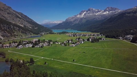Aerial panorama of Engadin valley and Silvaplana lake, Graubunden, Switzerland.