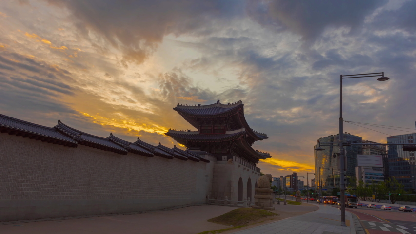 Seoul city morning  place of front gyeongbokgung Palace  sunrise and traffic, seoul, south korea.