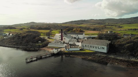 Port Ellen, Scotland / United Kingdom (UK) - 04 28 2018: Aerial of a Whisky Distillery on Islay, Scotland