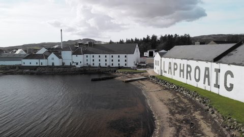 Port Ellen, Scotland / United Kingdom (UK) - 04 28 2018: Aerial of a Whisky Distillery on the Isle of Islay, Scotland