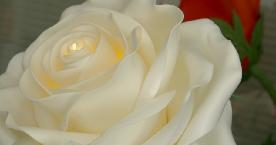 nylon stocking flowers are in workshop of handmade decorations, white roses and red poppy