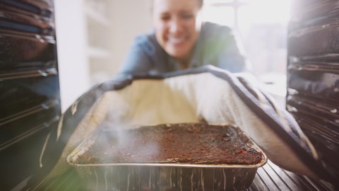 View Looking Out From Inside Oven As Woman Burns Dinner