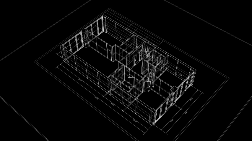 Abstract Apartments Building Process on Black Background. Last Turn is Loop-able. Looped 3d Animation of Rotating Blueprint in Grid Mesh. Construction Business Concept. 4k Ultra HD 3840x2160. Royalty-Free Stock Footage #1033109378