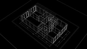 Abstract Apartments Building Process on Black Background. Last Turn is Loop-able. Looped 3d Animation of Rotating Blueprint in Grid Mesh. Construction Business Concept. 4k Ultra HD 3840x2160. - Powered by Shutterstock - Get 15% off with code: PIKWIZARD15