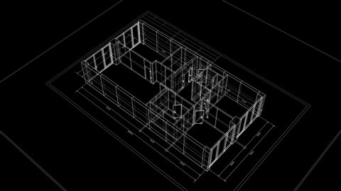 Abstract Apartments Building Process on Black Background. Last Turn is Loop-able. Looped 3d Animation of Rotating Blueprint in Grid Mesh. Construction Business Concept. 4k Ultra HD 3840x2160.