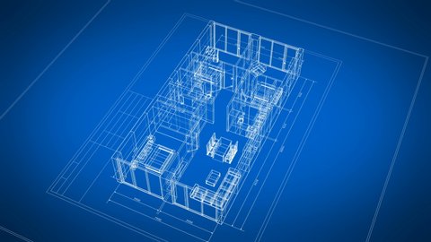 Beautiful Abstract 3d Blueprint of Building Apartments with Furniture Turning on Blue Background. Last Turn is Loop-able. Looped 3d Animation. Construction Business Concept. 4k Ultra HD 3840x2160.