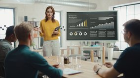 Female Chief Analyst Holds Meeting Presentation for a Team of Economists. She Shows Digital Interactive Whiteboard with Growth Analysis, Charts, Statistics and Data. People Work in Creative Office - Powered by Shutterstock - Get 15% off with code: PIKWIZARD15