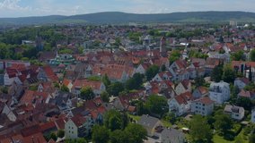 Aerial of the old part of town in Waiblingen in Germany. Descending beside the old town.