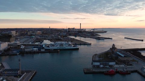 Helsingborg, Helsingborg / Sweden - 01 04 2019: Aerial of ferry in Helsingborg, Sweden